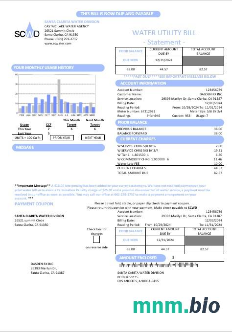 Usa California Santa Clarita Water Division (SCWD) szablon rachunku za media Biznesowe w formatach Word i PDF